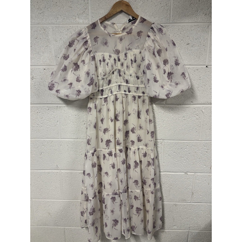 Jacquie the Label Ivory Purple Floral Puff Sleeve Dress Women's Small